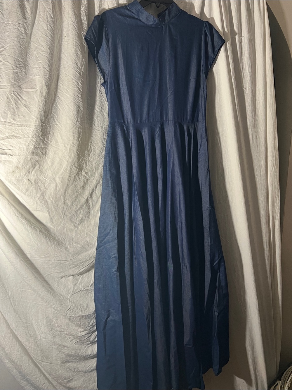 Cap-Sleeve Navy Maxi Dress with High Neck